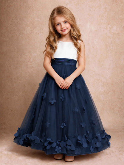 3D Floral Tulle Flower Girl Dress Pleated Sleeveless Floor Length Formal Wedding Party Gown