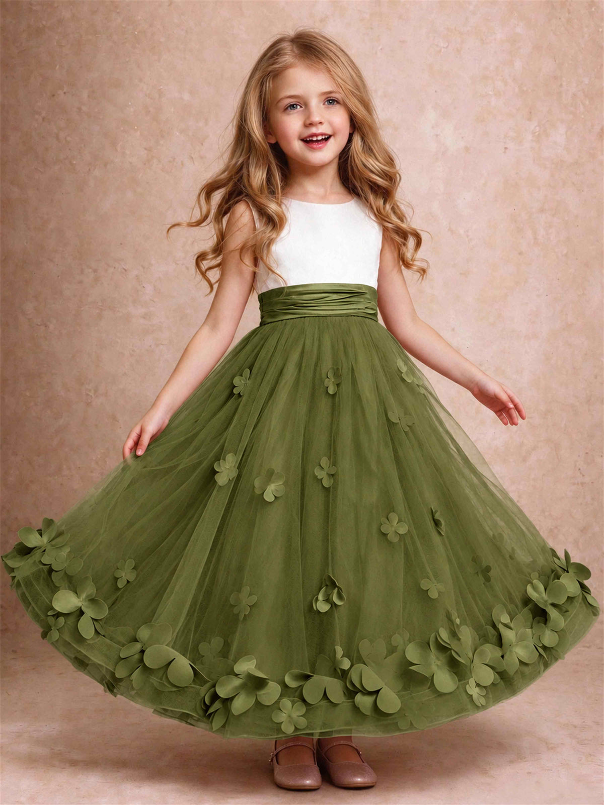 3D Floral Tulle Flower Girl Dress Pleated Sleeveless Floor Length Formal Wedding Party Gown