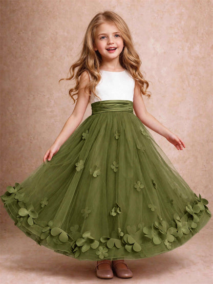 3D Floral Tulle Flower Girl Dress Pleated Sleeveless Floor Length Formal Wedding Party Gown