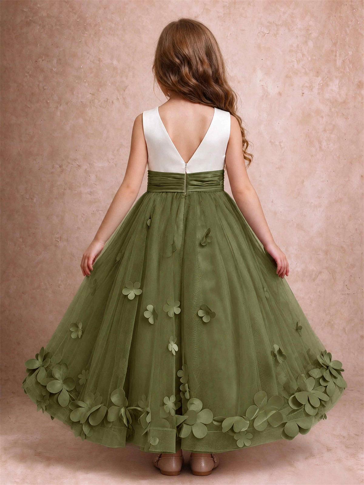 3D Floral Tulle Flower Girl Dress Pleated Sleeveless Floor Length Formal Wedding Party Gown