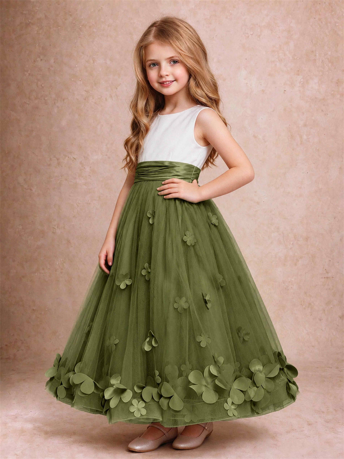 3D Floral Tulle Flower Girl Dress Pleated Sleeveless Floor Length Formal Wedding Party Gown