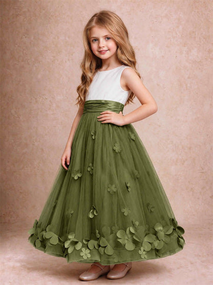 3D Floral Tulle Flower Girl Dress Pleated Sleeveless Floor Length Formal Wedding Party Gown