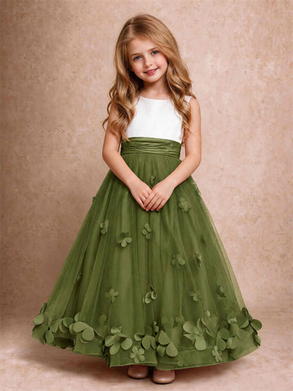 3D Floral Tulle Flower Girl Dress Pleated Sleeveless Floor Length Formal Wedding Party Gown