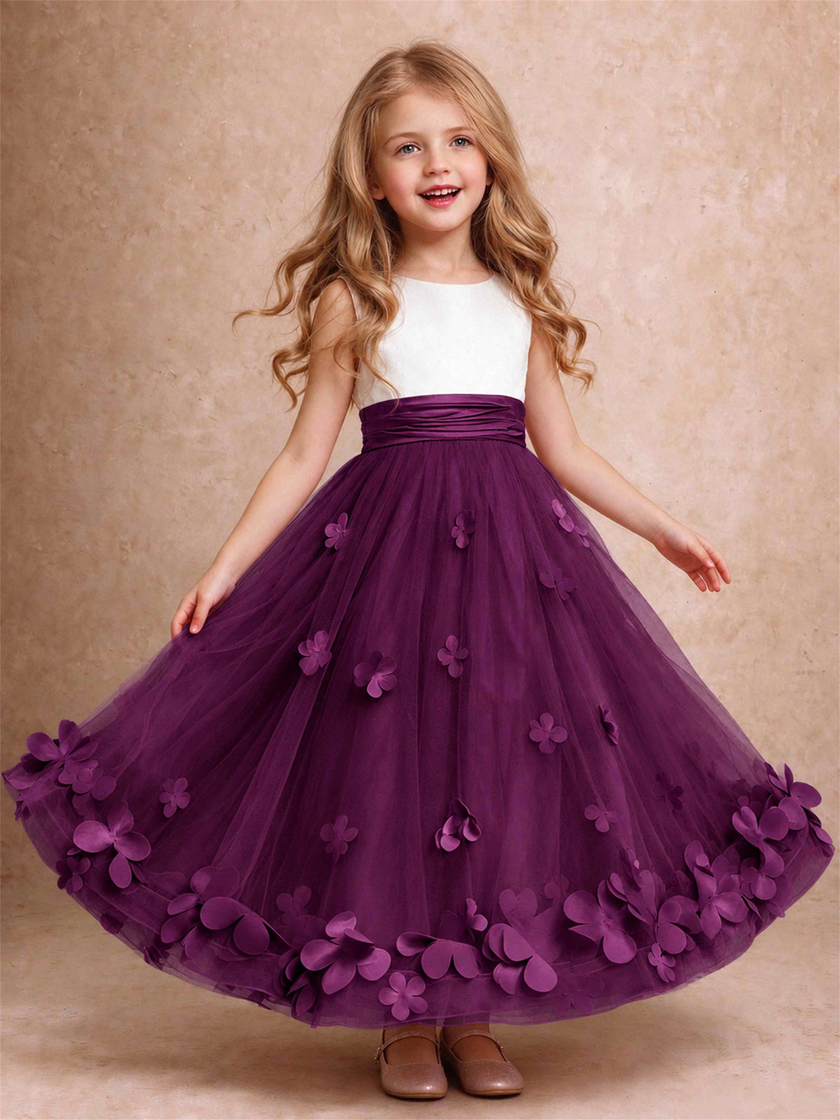 3D Floral Tulle Flower Girl Dress Pleated Sleeveless Floor Length Formal Wedding Party Gown
