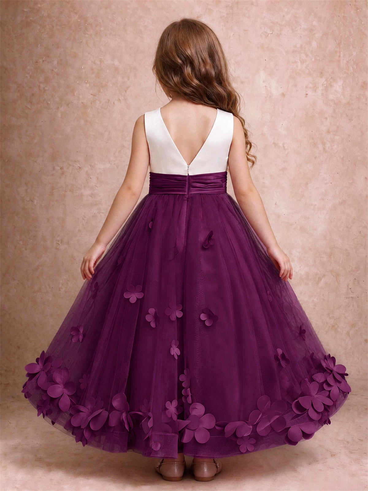 3D Floral Tulle Flower Girl Dress Pleated Sleeveless Floor Length Formal Wedding Party Gown