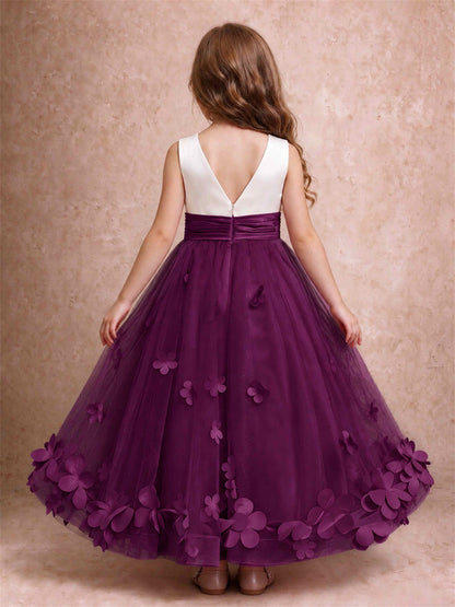 3D Floral Tulle Flower Girl Dress Pleated Sleeveless Floor Length Formal Wedding Party Gown