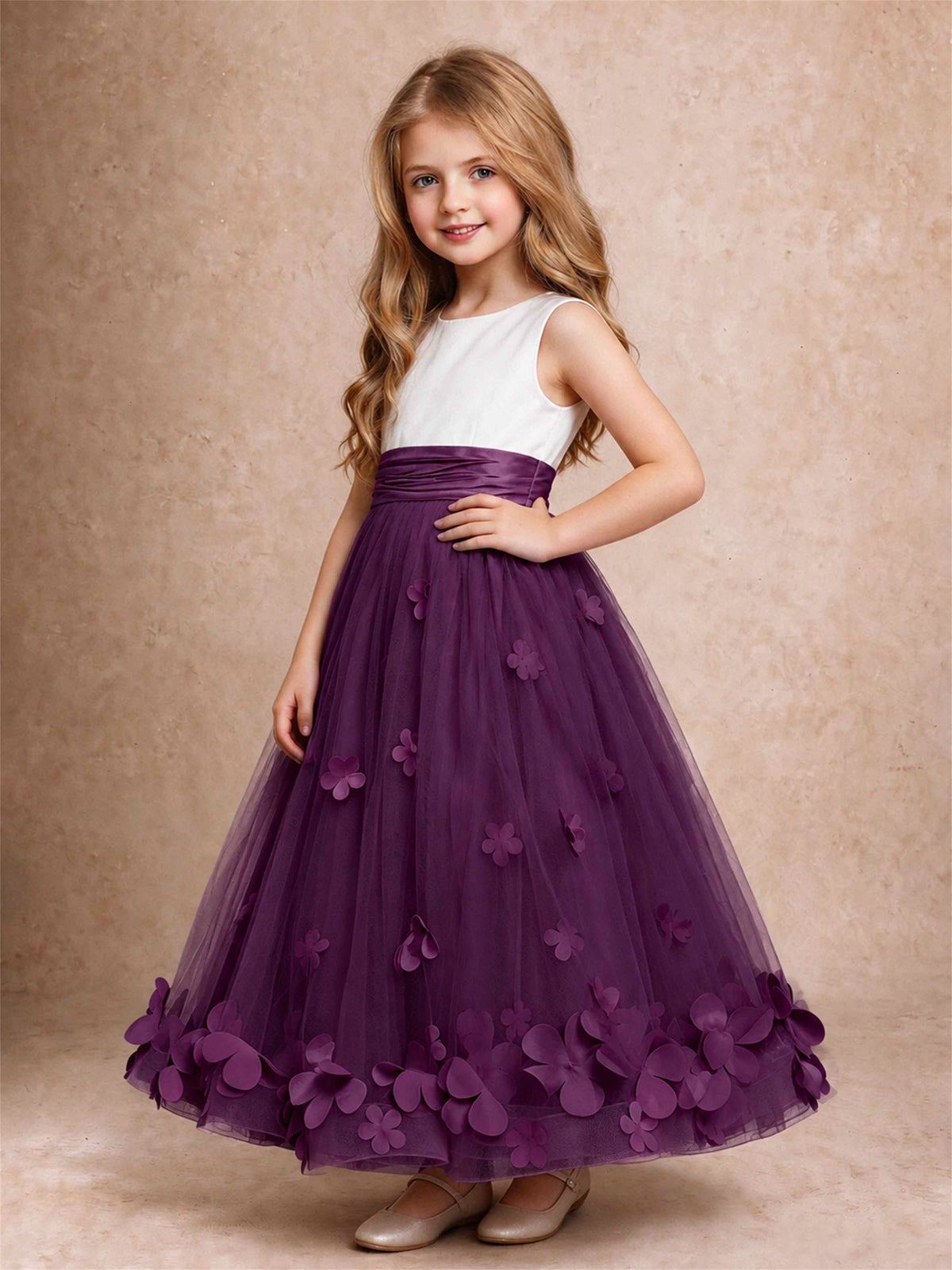 3D Floral Tulle Flower Girl Dress Pleated Sleeveless Floor Length Formal Wedding Party Gown