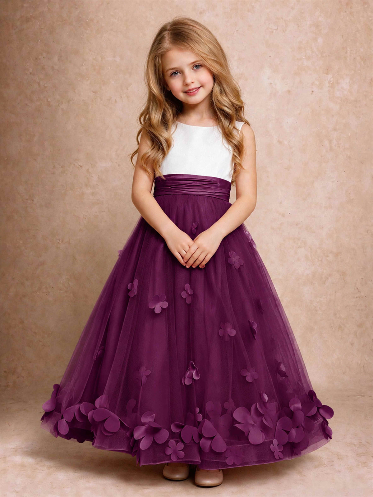 3D Floral Tulle Flower Girl Dress Pleated Sleeveless Floor Length Formal Wedding Party Gown