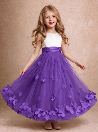 3D Floral Tulle Flower Girl Dress Pleated Sleeveless Floor Length Formal Wedding Party Gown