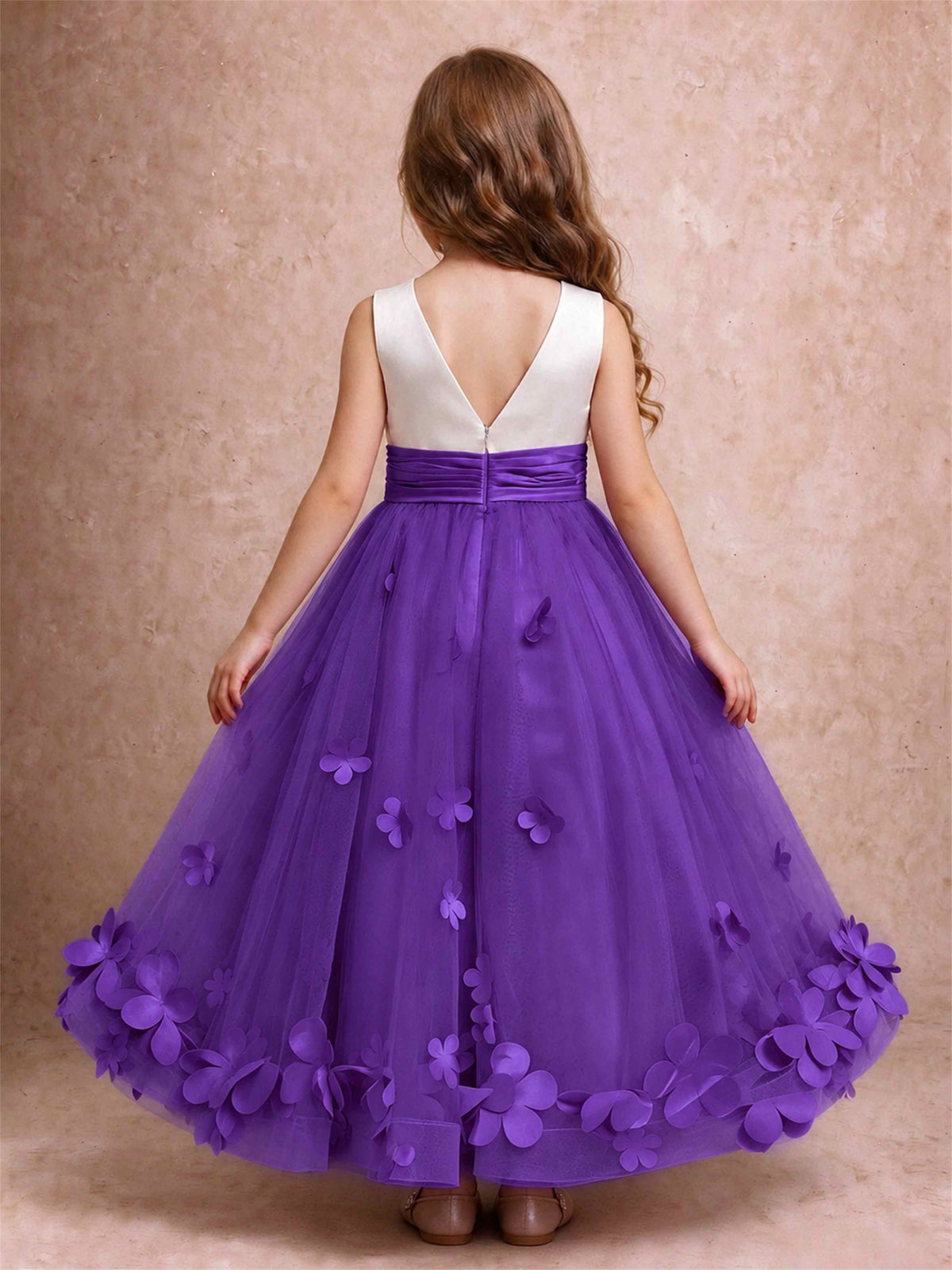 3D Floral Tulle Flower Girl Dress Pleated Sleeveless Floor Length Formal Wedding Party Gown