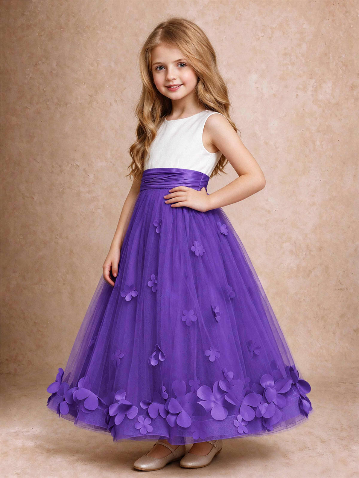 3D Floral Tulle Flower Girl Dress Pleated Sleeveless Floor Length Formal Wedding Party Gown