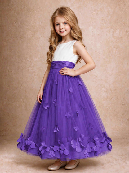 3D Floral Tulle Flower Girl Dress Pleated Sleeveless Floor Length Formal Wedding Party Gown