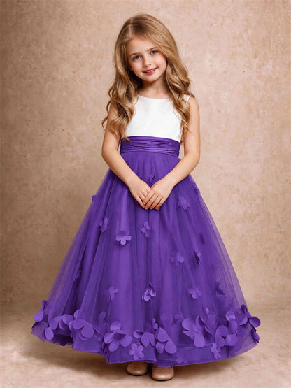 3D Floral Tulle Flower Girl Dress Pleated Sleeveless Floor Length Formal Wedding Party Gown