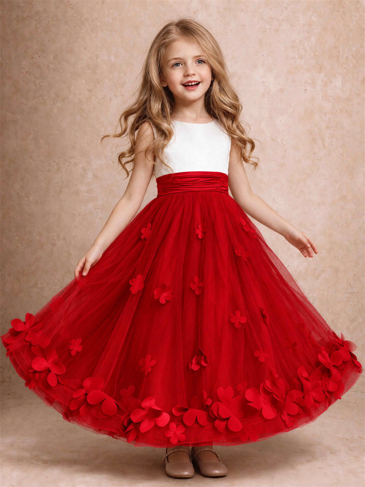3D Floral Tulle Flower Girl Dress Pleated Sleeveless Floor Length Formal Wedding Party Gown
