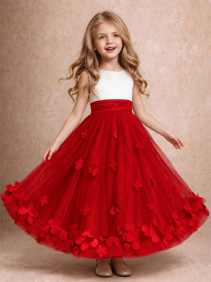 3D Floral Tulle Flower Girl Dress Pleated Sleeveless Floor Length Formal Wedding Party Gown