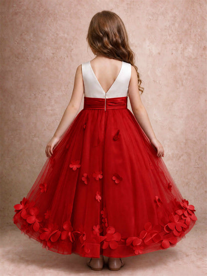 3D Floral Tulle Flower Girl Dress Pleated Sleeveless Floor Length Formal Wedding Party Gown