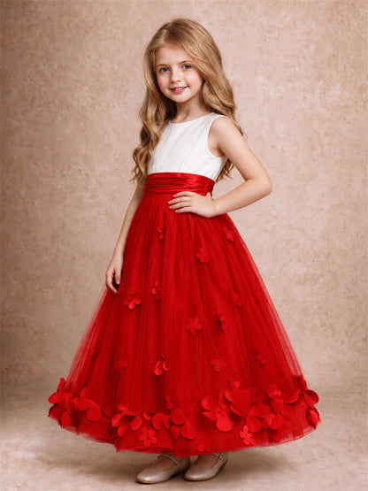 3D Floral Tulle Flower Girl Dress Pleated Sleeveless Floor Length Formal Wedding Party Gown