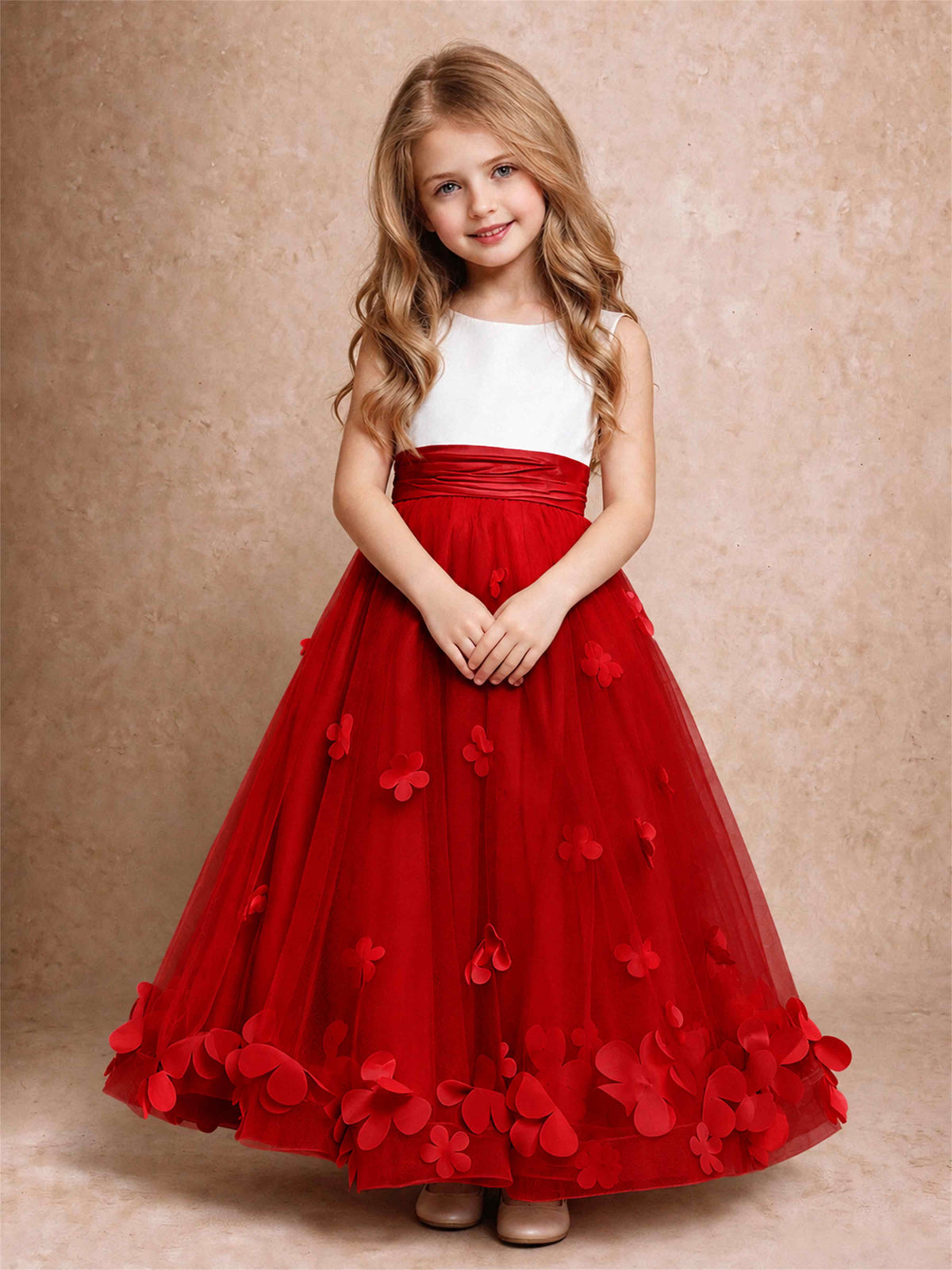 3D Floral Tulle Flower Girl Dress Pleated Sleeveless Floor Length Formal Wedding Party Gown