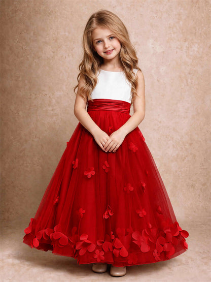 3D Floral Tulle Flower Girl Dress Pleated Sleeveless Floor Length Formal Wedding Party Gown
