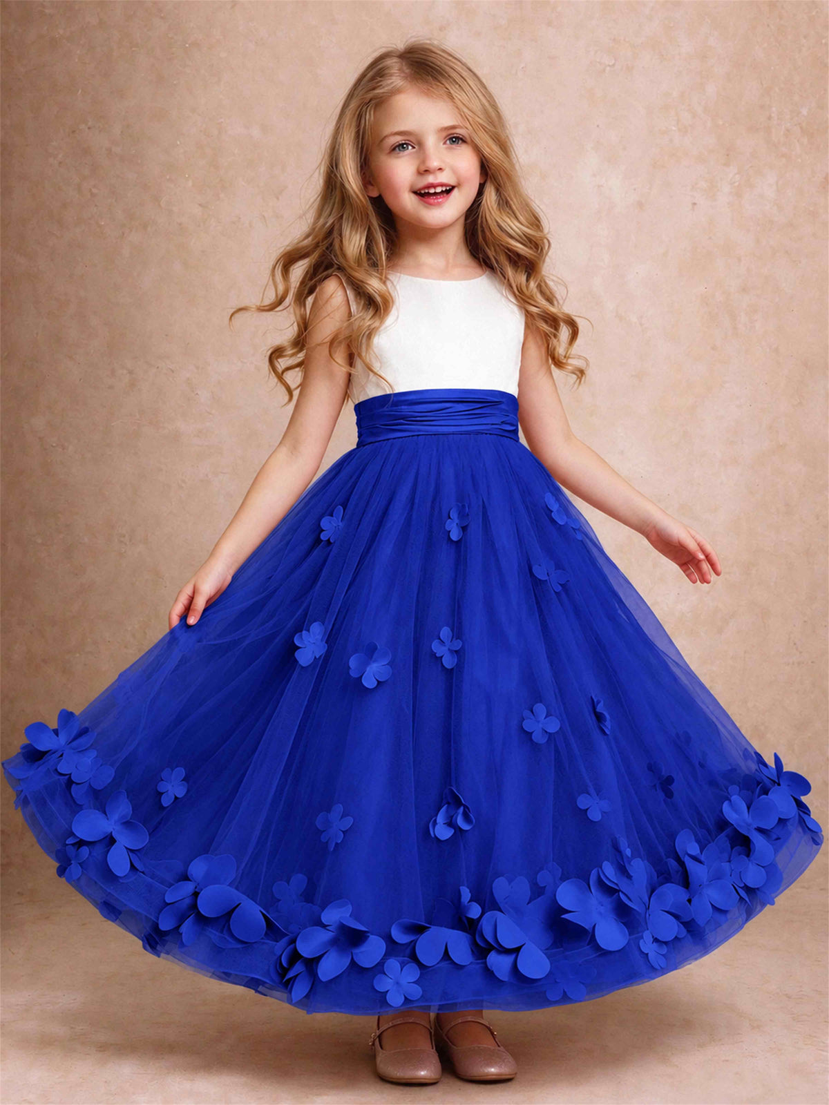 3D Floral Tulle Flower Girl Dress Pleated Sleeveless Floor Length Formal Wedding Party Gown