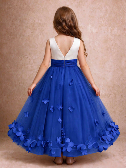 3D Floral Tulle Flower Girl Dress Pleated Sleeveless Floor Length Formal Wedding Party Gown