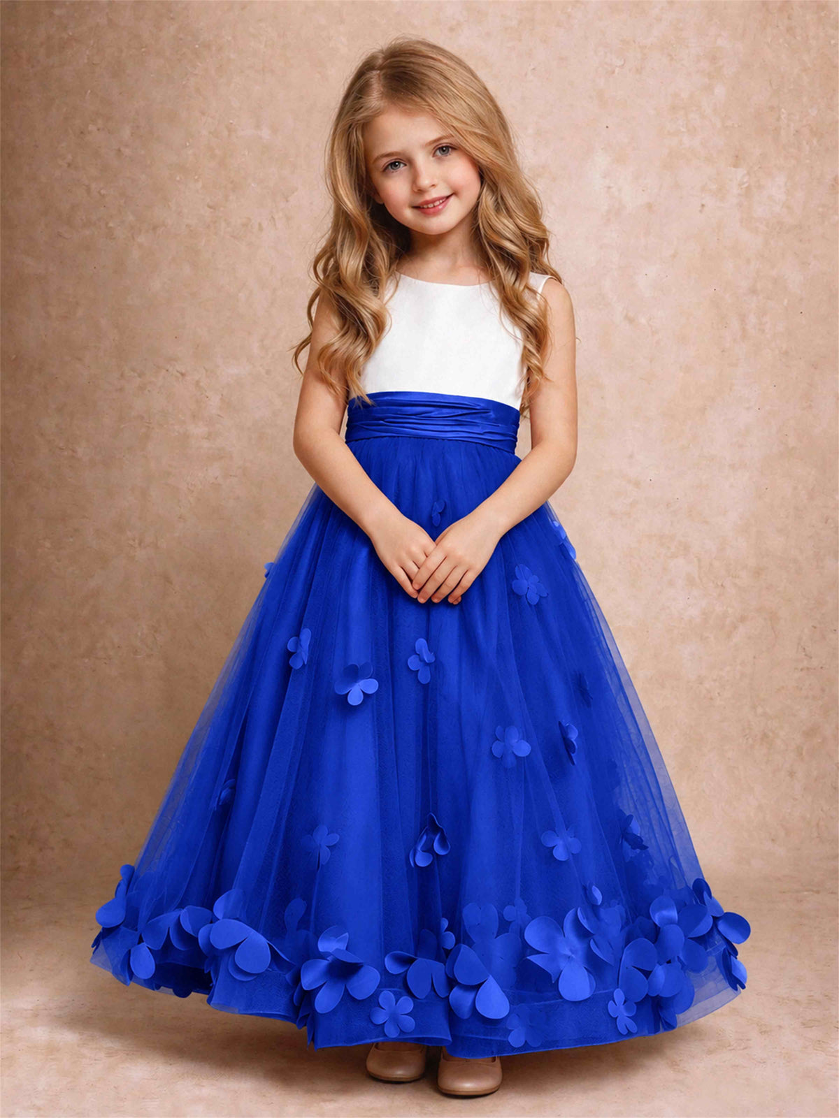 3D Floral Tulle Flower Girl Dress Pleated Sleeveless Floor Length Formal Wedding Party Gown