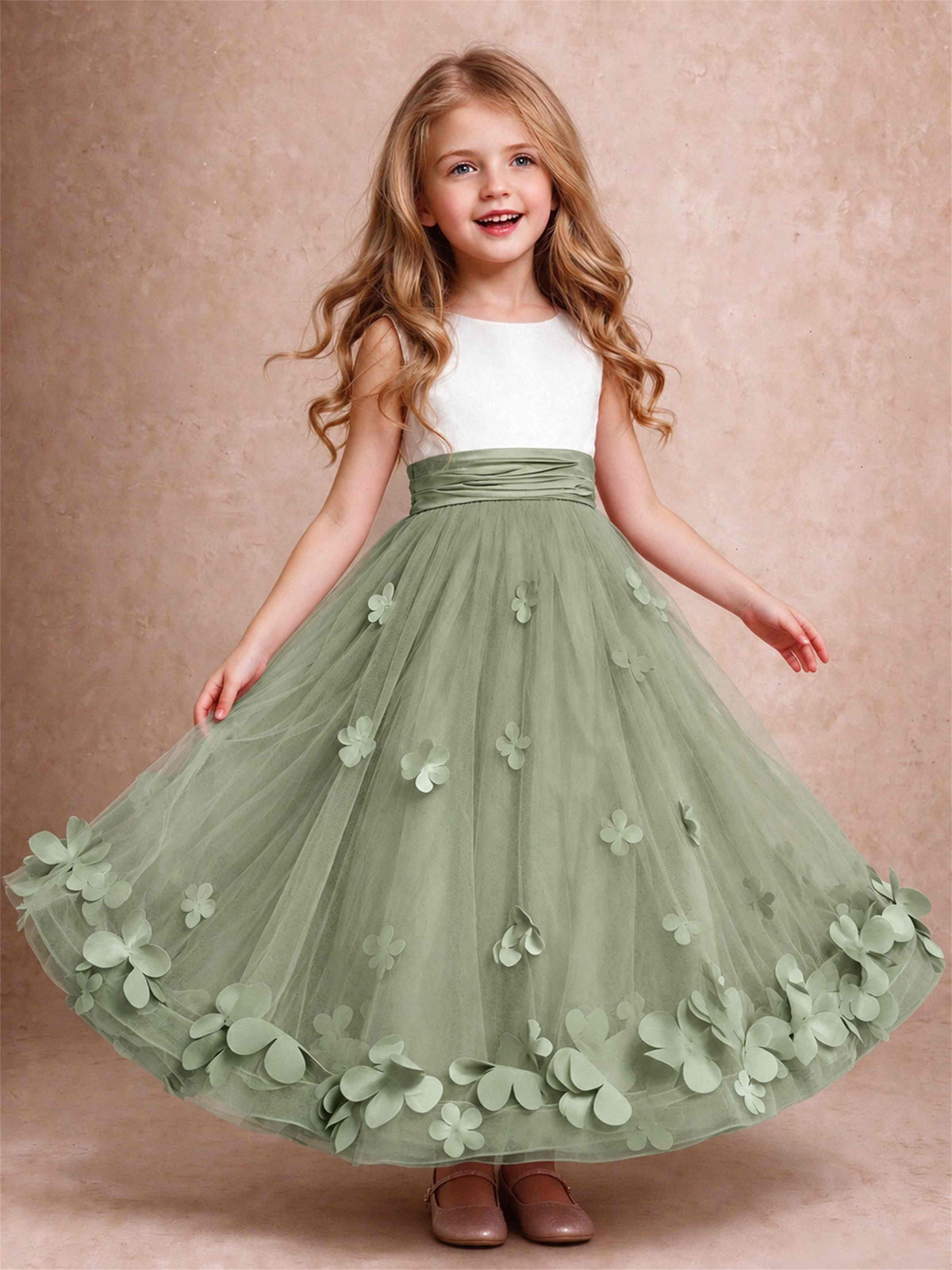 3D Floral Tulle Flower Girl Dress Pleated Sleeveless Floor Length Formal Wedding Party Gown