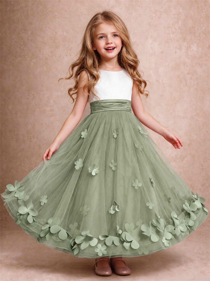 3D Floral Tulle Flower Girl Dress Pleated Sleeveless Floor Length Formal Wedding Party Gown