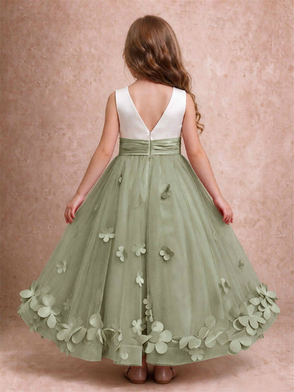 3D Floral Tulle Flower Girl Dress Pleated Sleeveless Floor Length Formal Wedding Party Gown