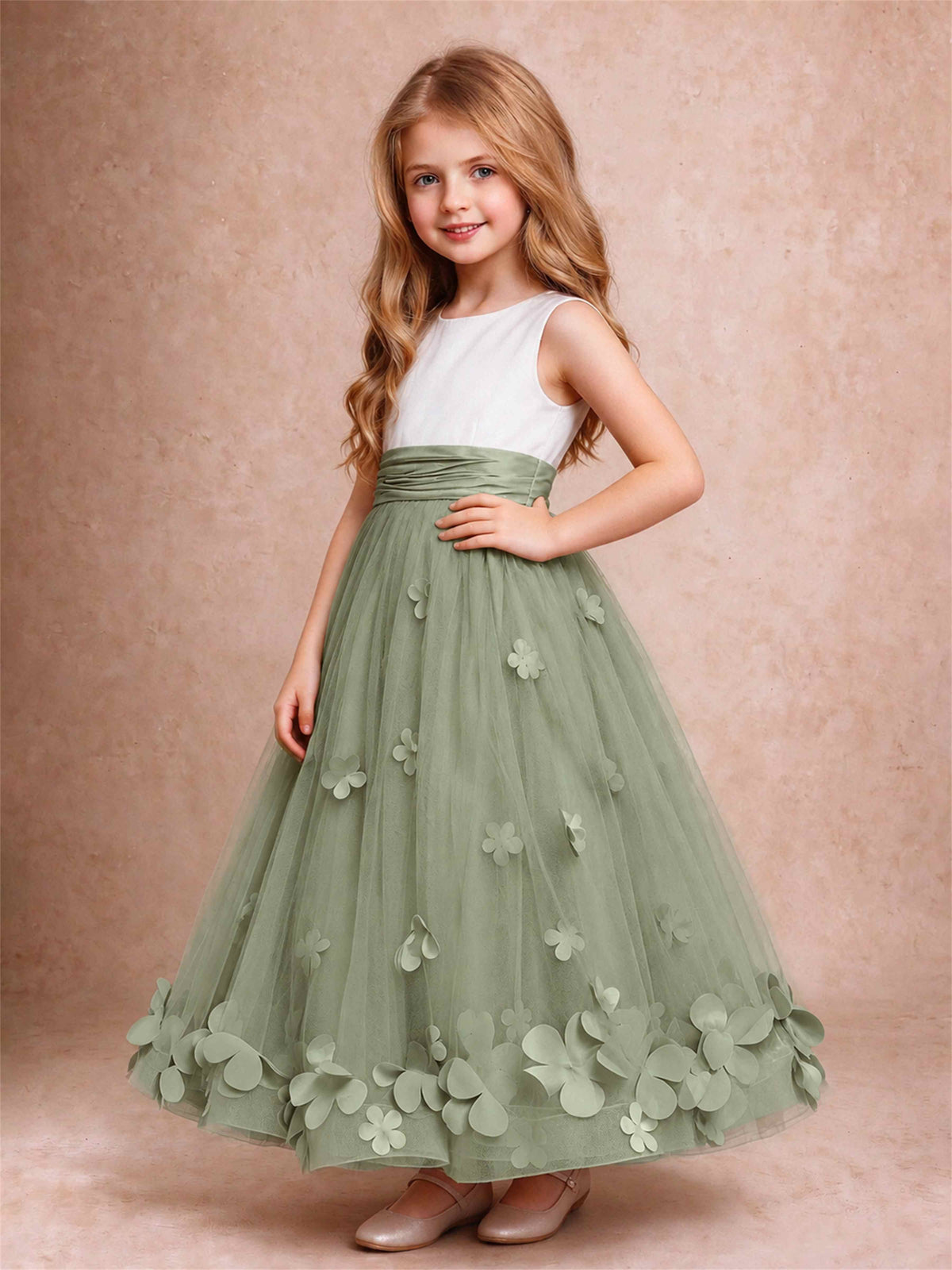 3D Floral Tulle Flower Girl Dress Pleated Sleeveless Floor Length Formal Wedding Party Gown