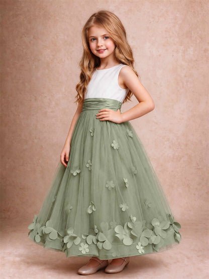 3D Floral Tulle Flower Girl Dress Pleated Sleeveless Floor Length Formal Wedding Party Gown