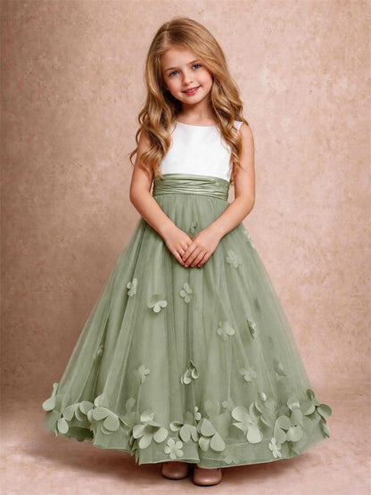 3D Floral Tulle Flower Girl Dress Pleated Sleeveless Floor Length Formal Wedding Party Gown