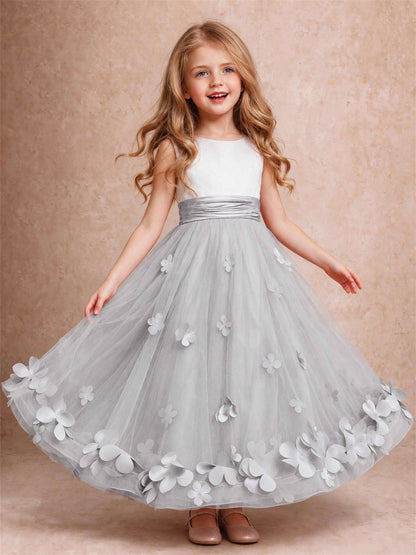 3D Floral Tulle Flower Girl Dress Pleated Sleeveless Floor Length Formal Wedding Party Gown