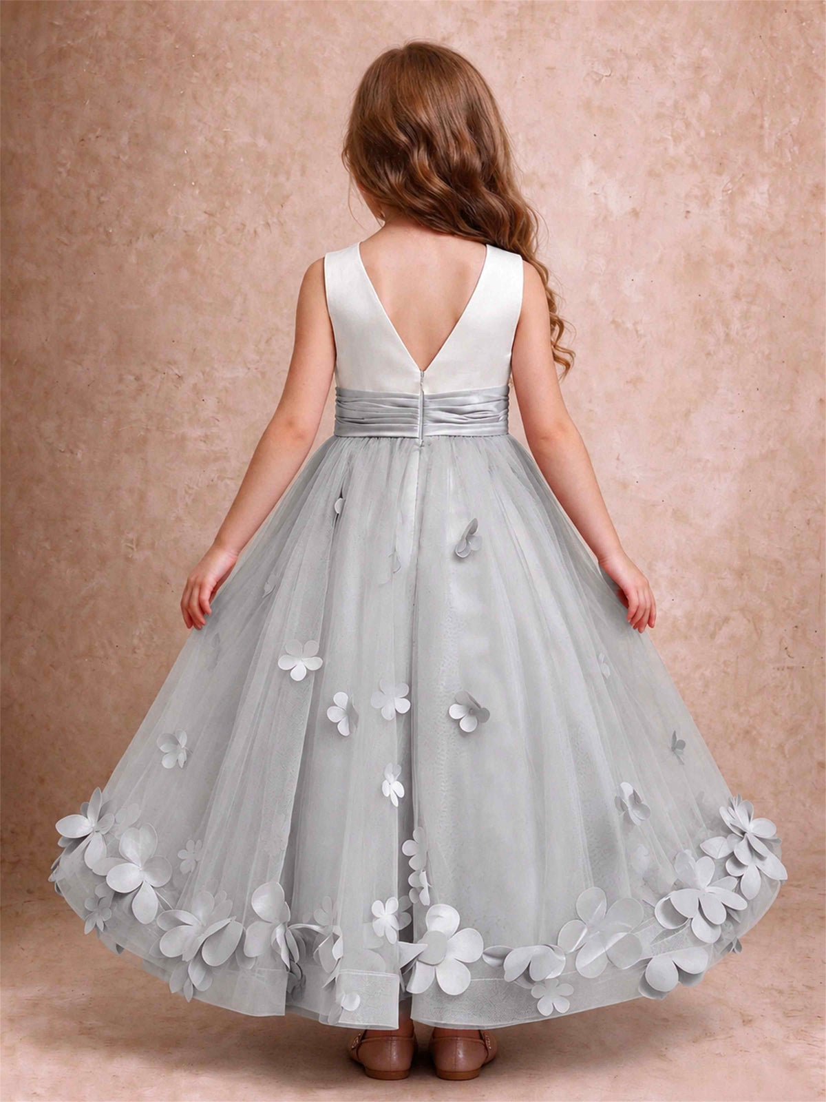 3D Floral Tulle Flower Girl Dress Pleated Sleeveless Floor Length Formal Wedding Party Gown