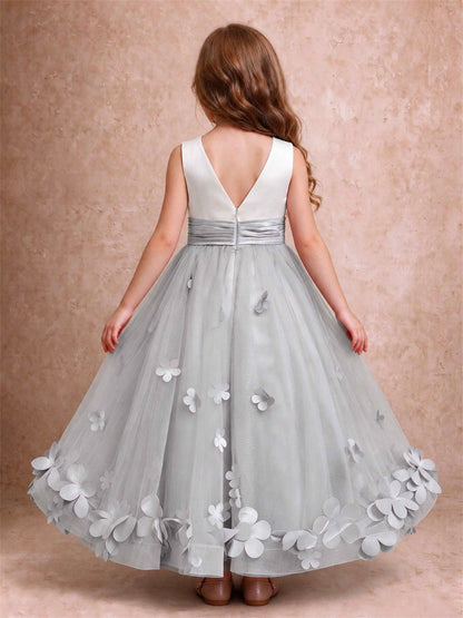 3D Floral Tulle Flower Girl Dress Pleated Sleeveless Floor Length Formal Wedding Party Gown