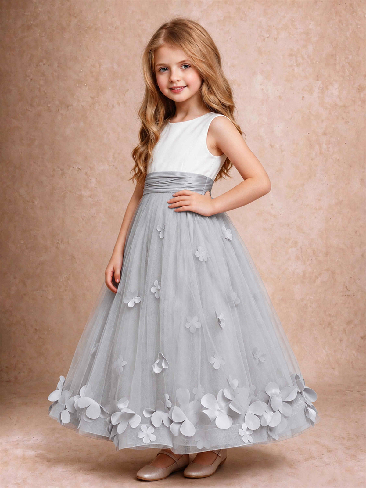 3D Floral Tulle Flower Girl Dress Pleated Sleeveless Floor Length Formal Wedding Party Gown