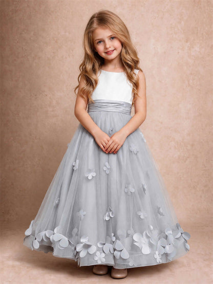 3D Floral Tulle Flower Girl Dress Pleated Sleeveless Floor Length Formal Wedding Party Gown