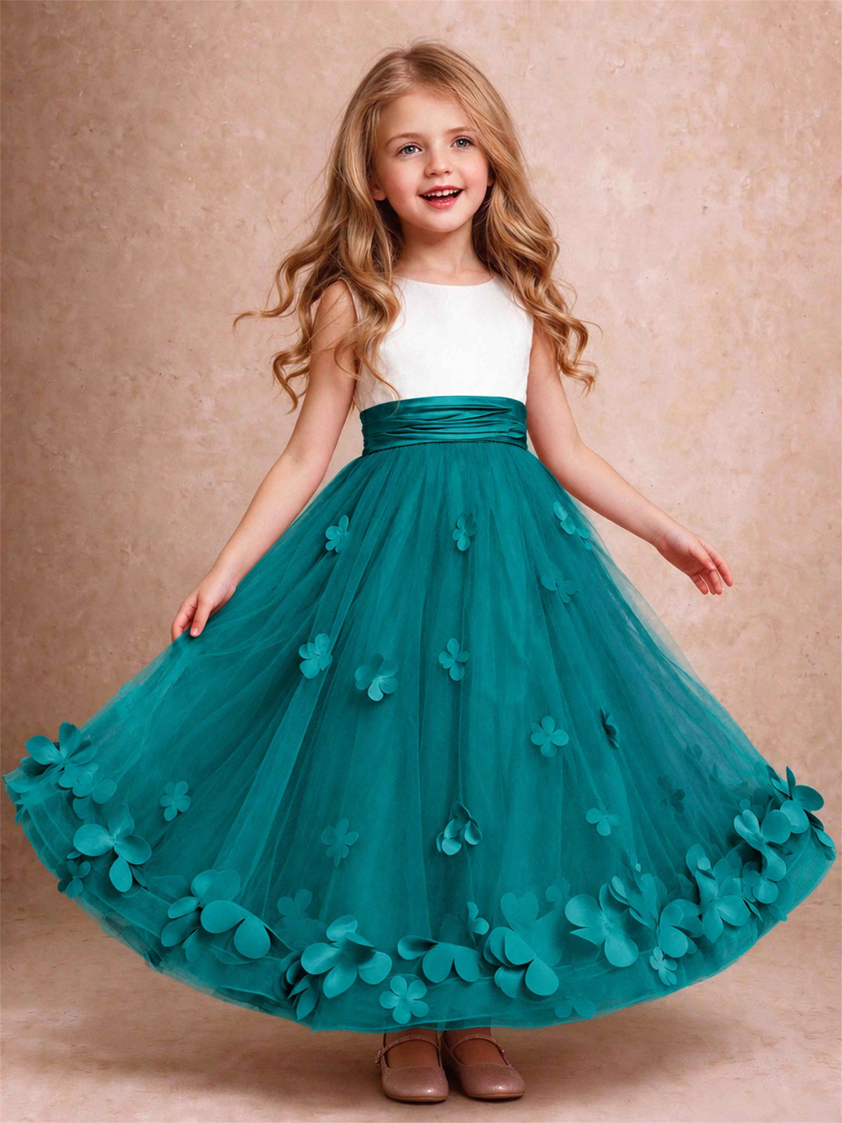 3D Floral Tulle Flower Girl Dress Pleated Sleeveless Floor Length Formal Wedding Party Gown