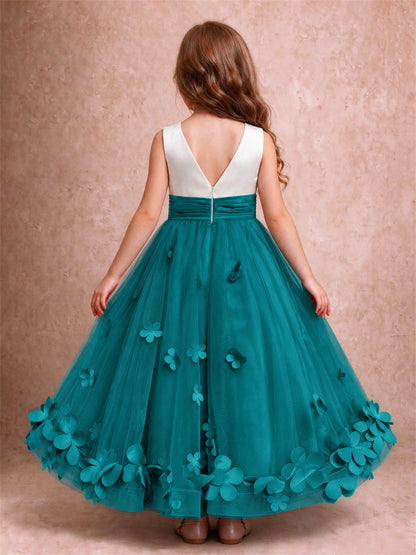 3D Floral Tulle Flower Girl Dress Pleated Sleeveless Floor Length Formal Wedding Party Gown