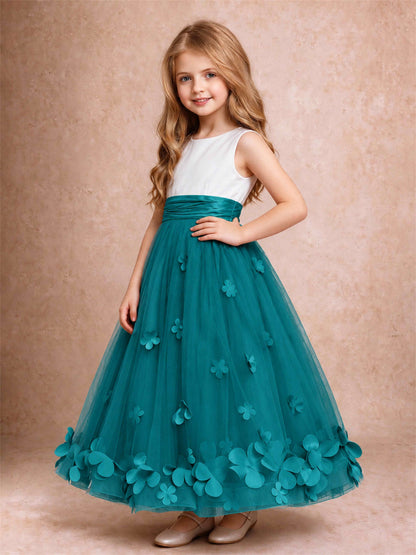 3D Floral Tulle Flower Girl Dress Pleated Sleeveless Floor Length Formal Wedding Party Gown