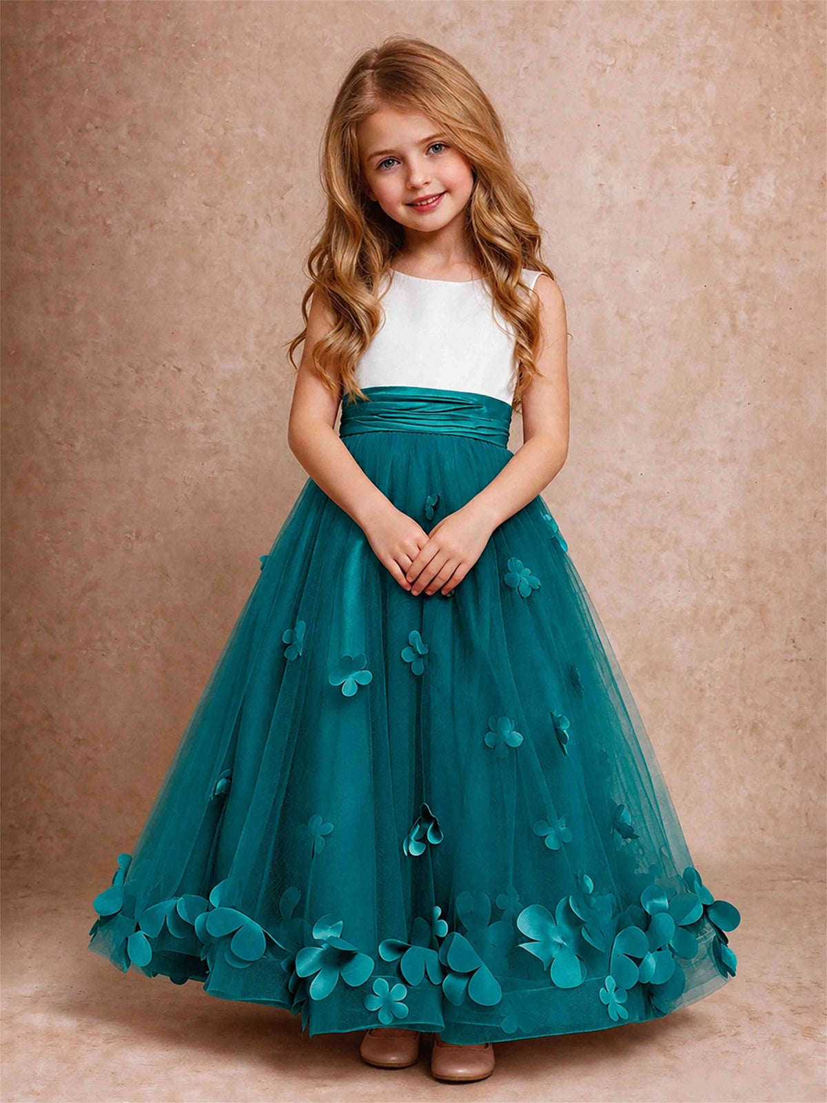 3D Floral Tulle Flower Girl Dress Pleated Sleeveless Floor Length Formal Wedding Party Gown