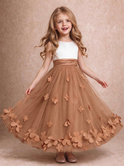 3D Floral Tulle Flower Girl Dress Pleated Sleeveless Floor Length Formal Wedding Party Gown