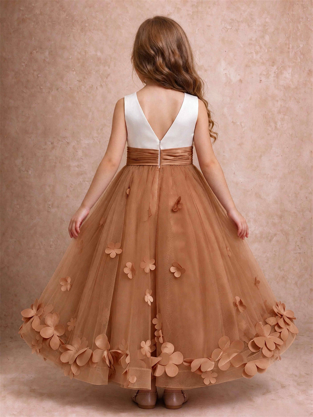 3D Floral Tulle Flower Girl Dress Pleated Sleeveless Floor Length Formal Wedding Party Gown