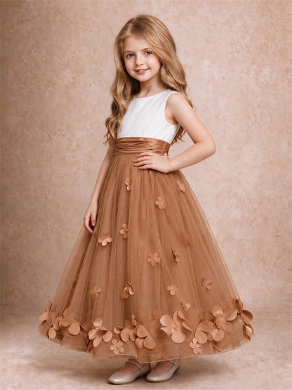 3D Floral Tulle Flower Girl Dress Pleated Sleeveless Floor Length Formal Wedding Party Gown