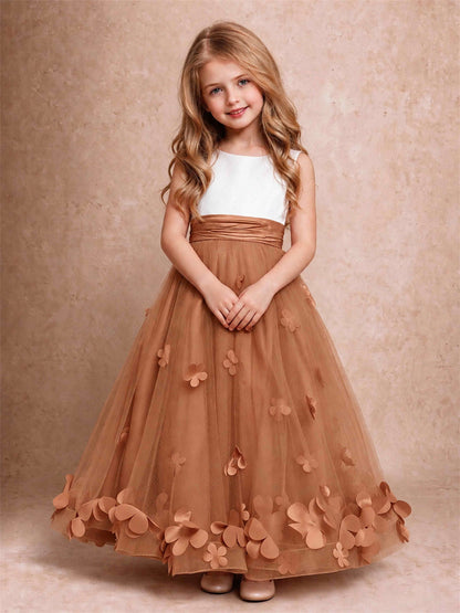 3D Floral Tulle Flower Girl Dress Pleated Sleeveless Floor Length Formal Wedding Party Gown