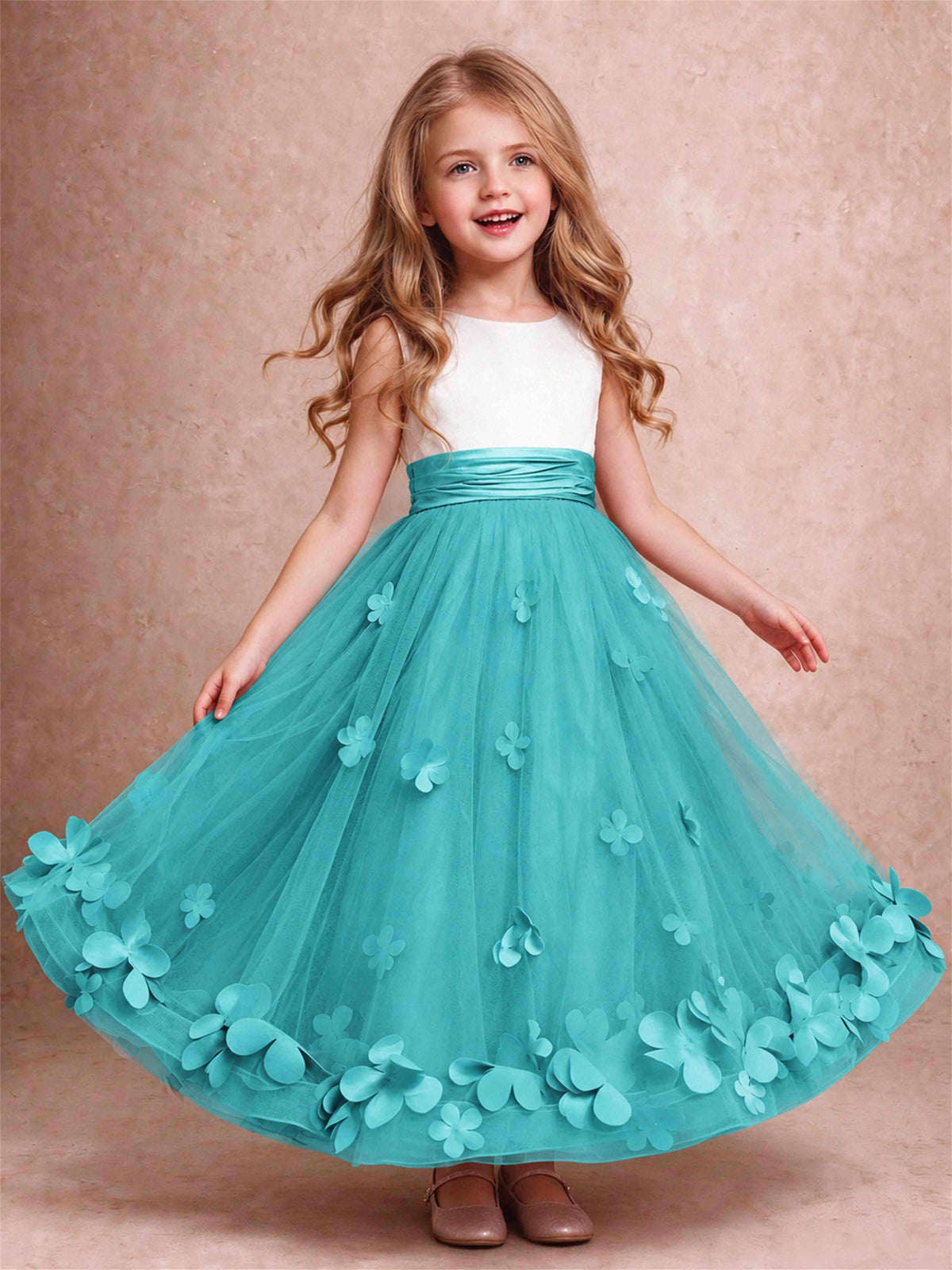 3D Floral Tulle Flower Girl Dress Pleated Sleeveless Floor Length Formal Wedding Party Gown