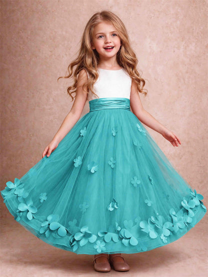 3D Floral Tulle Flower Girl Dress Pleated Sleeveless Floor Length Formal Wedding Party Gown