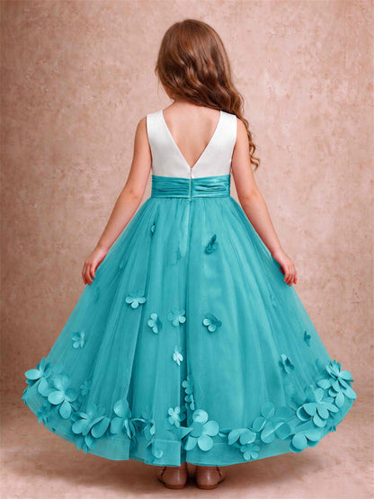 3D Floral Tulle Flower Girl Dress Pleated Sleeveless Floor Length Formal Wedding Party Gown