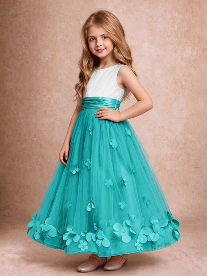 3D Floral Tulle Flower Girl Dress Pleated Sleeveless Floor Length Formal Wedding Party Gown