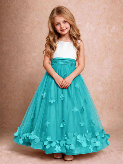 3D Floral Tulle Flower Girl Dress Pleated Sleeveless Floor Length Formal Wedding Party Gown
